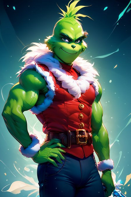 score_9, score_8_up, score_8,  ,,, , zzGrinch, solo, looking at viewer, smile, 1boy, jewelry, male focus, sleeveless, belt, pants, vest, bracelet, hand on hip, fur trim, muscular, colored skin, muscular male, veins, green skin,  <lora:GrinchPDXL:1.0>,,,, BREAK, smile, closed mouth, looking at viewer, cowboy shot, ,,, embedding:zPDXL, Expressiveh, ,,, <lora:Konpeto_PDXL_v3:1.0>, <lora:SDXLFaeTastic2400:0.5>, <lora:Expressive_H-000001:0.4>,