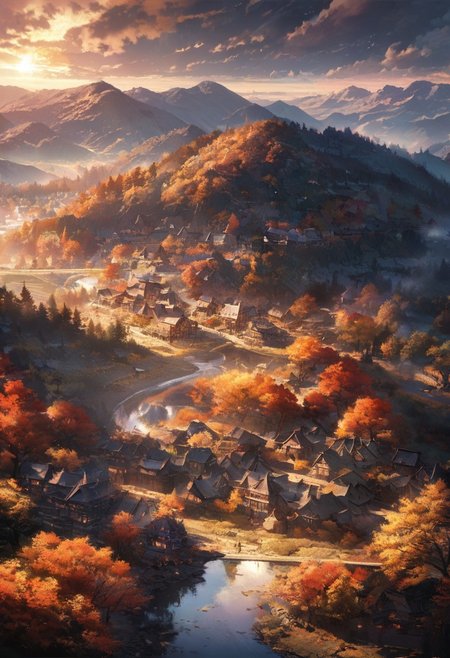 Breathtaking views, nostalgia, detailed landscape, captivating, a harmony of nostalgia and innovation, great lighting, Nature, autumn leaves, fall, forests, rural townscapes, gassho-style houses, Scenery that blends Meiji and modern times, sun, sunlight, beautiful rivers, double exposure, beautiful view, mysterious glow, beautiful clouds, depth of field, masterpiece, best quality, 8k, ultra-detailed, very aesthetic, illustration, superb composition, finest details, , intricate details, absurdres, high contrast, RAW, concept art,
