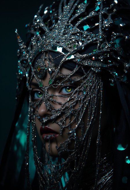 A enchantress materializes, her sad eyes are shattered emeralds. A tattered veil clings to her skin, casting an eerie silver glow. Chrome splinters crown her head, diamonds flashing like fireflies on a summer's night. A bejeweled latticework sprawls across her face, silver chains and diamonds glinting with manic light. Amidst this maelstrom, she remains serene, her gaze a cold, dark mirror reflecting the viewer's soul. A siren's call, beckoning deeper into the madness, her presence a whispered secret in the velvet darkness.