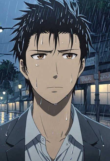 solo, 1boy, detailed_eye_model, easynegative, Soujirou Agata, Brown Eyes, Black Hair, walking, soaking wet, street lights, heavy rain, main street sidewalk, wet hair, tired, frustrated