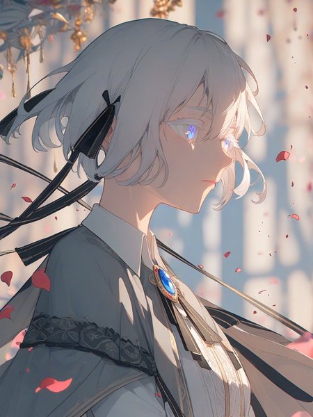 solo,petals,colored eyelashes,brooch,ribbon,hair ribbon,1girl,short hair,white hair,closed mouth,jewelry,hair between eyes,eyelashes,shirt,collared shirt,black ribbon,blue eyes,from side,white shirt,grey capelet, 
<lora:void_0_1-000034:1>,
