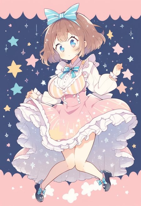 score_9, score_8_up, score_7_up,
masterpiece, best quality, detailed, amazing quality,
detailed background, stripes, stars, pastels, pastel colors, pillows,
dynamic pose, full body,
detailed face, detailed eyes, clean eyes,
solo, 1girl, woman, blue eyes, short hair, brown hair, messy hair, curvy, wide hips, big breasts, chubby, 
cute dress, frilly, bow, headbow, huge bow,
easynegative