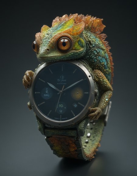 The image showcases a "Smart-watch Chameleon" - a bizarre but captivating fusion of a high-tech smartwatch and a living chameleon. The chameleon's body forms the watch band, its scaly skin shifting colors to match the user's outfit. The reptile's head and tail wrap around the wrist, securing the device in place. Where the chameleon's eye would normally be, there's a round, high-resolution touchscreen display showing the watch face. The screen mimics the chameleon's eye movements, rotating and bulging slightly for a 3D effect. The chameleon's long, sticky tongue serves as an innovative stylus, coiled up when not in use but able to extend to swipe and tap the screen with precision. Along the chameleon's back, there are small, bioluminescent nodes that light up to display notifications, mimicking the color-changing capabilities of both the animal and modern LED technology. The "crown" of the watch, used for scrolling and input, is cleverly integrated into one of the chameleon's horn-like protrusions on its head. Despite the fantastical concept, the image's details are rendered with photorealistic precision - from the intricate scales on the chameleon's skin and the reflections on the watch face to the subtle movements of the creature as it adjusts its grip on the wrist. The overall effect is a seamless blend of nature and technology, creating a product that seems both impossibly alive and tantalizingly futuristic. Absurdres, 8K, UHD, many details, extreme detailed, full of details, Wide range of colors, HDR.