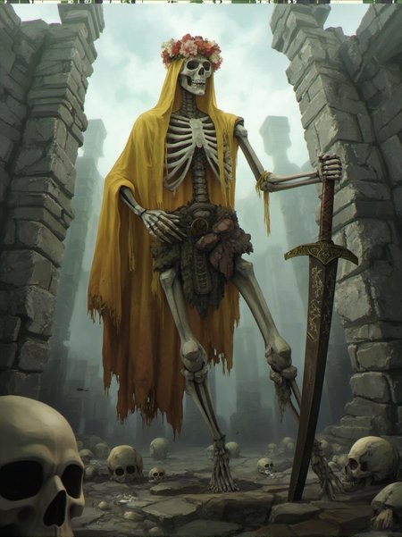 <lora:ck-LttleGhost-000011.safetensors:1> in the style of ck-lttlegh0stA skeletal warrior, draped in a faded yellow shawl and a floral crown, stands amidst ancient stone ruins, surrounded by scattered skulls. A sheathed sword hangs at its side, etched with ancient runes. The image is shot from an unsettling eye-level perspective, capturing the eerie presence of this haunting figure under a mist-shrouded sky.