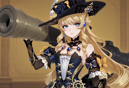 masterpiece, best quality, amazing quality, intricate details, dr3adsp1re, solo, looking at viewer, navia, fancy dress, ornate details, weapon, rocket launcher,