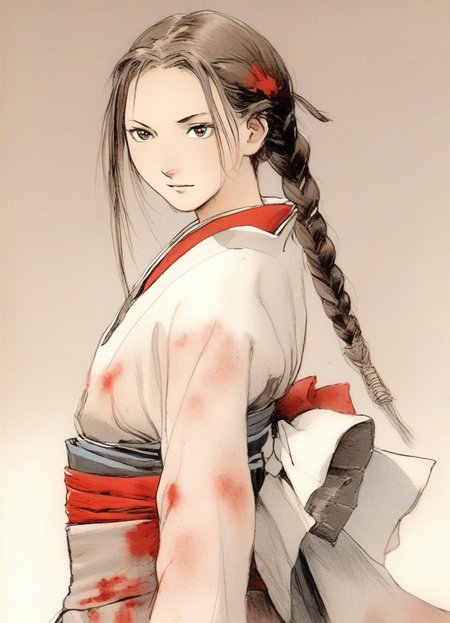 samurahiroaki <lora:samulora-xl_v005-000011:0.7>blood on face,  braid, single braid, solo, long hair, looking back, miniskirt, frilled skirt, clothing cutout, masterpiece, best quality, 1gir