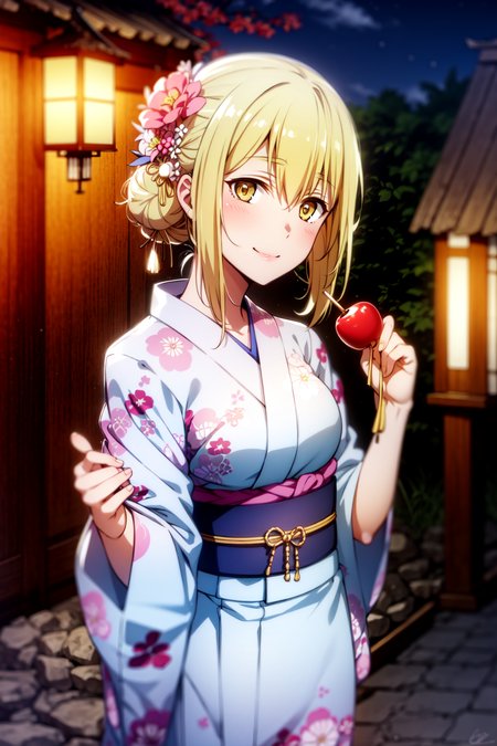 AizWallenstein,japanese clothes, kimono, candy apple, 1girl, food, floral print, flower, hair flower, hair ornament, sash, obi, solo, yellow eyes, looking at viewer, blonde hair, holding, yukata, alternate hairstyle, holding food, night, eyebrows visible through hair, bangs, smile, wide sleeves, hair bun, print kimono