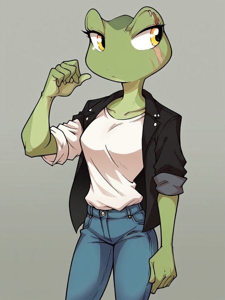 [score_9, score_8_up, score_7_up], sandwich-anomaly, 1girl, cowboy shot, frog, jeans, black jacket, white shirt, looking to the side, raised eyebrow, scar, <lora:Sandwich_Anomaly_Artist_Style:1>