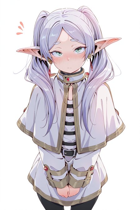 masterpiece, best quality, amazing quality,
 <lora:Eito_IL:1> eito, 1girl, solo, pointy ears, pantyhose, white capelet, twintails, black pantyhose, long hair, elf, capelet, jewelry, white background, earrings, long sleeves, blush, closed mouth, looking at viewer, frieren