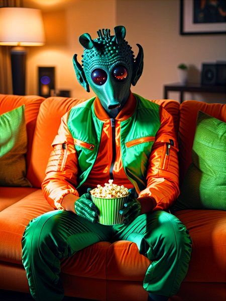 rodian alien watching tv at home,eating popcorn,sitting on big couch,orange and green jumpsuit,orange vest, posing, masterpiece, best quality, soft light, bokeh, real shadow, cinematic, subsurface scuttering<lora:RodianXL:0.8>