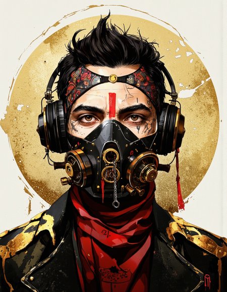 Art by Ismail Inceoglu. A digital illustration shoot from a portrait camera angle about a portrait of a man wearing a gas mask and headphones, with intricate details and a decorative headpiece adorned with red accents. the image also shows a man with a serious expression, wearing a black mask with a red cross on it, and a red scarf around his neck. on the middle of the image, a man appears to be in his late 20s, with dark hair styled in a messy manner, and his eyes are looking directly at the viewer. he has a stern expression and is wearing a pair of black headphones with gold accents. on his forehead, there is a red mark, and on his face, there are intricate tattoos. the man's face is covered with a black gas mask, and he is wearing black clothing with red scarves. the background is a simple beige circle with a golden halo effect, and the image has a vintage, stylized art style with a muted color palette.