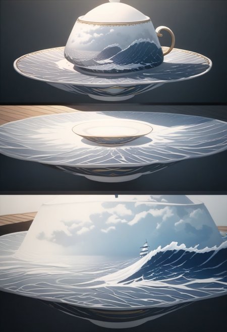 Create a digital artwork depicts a surreal, whimsical scene in which a white teacup and saucer sit on a dark surface. The teacup is filled with swirling white cloud-like waves that create a feeling of movement and fluidity. A small, detailed sailboat with a white sail and a dark hull emerges from the waves, creating an eye-catcher in the composition. The background is a rich black, which increases the contrast and clearly highlights the white elements. The lighting appears artificial, casting soft highlights and soft shadows, emphasizing the textures of the clouds and the smooth surface of the teacup. The image uses a shallow depth of field and a blurred background to keep the focus on the teacup and sailboat. The composition follows the rule of thirds, with the sailboat positioned slightly off-center, creating a balanced yet dynamic visual appeal. The overall style is dreamlike and imaginative, combining realistic elements with fantastical concepts.,highly detailed, aesthetic, great lighting, extremely detailed,   perfect composition, a vibrant tissue of hues and textures captured digitally, best quality, realistic, captivating, intricately detailed, sharp focus, high contrast, stylized, clear, whimsical, fantastic, splash art, intricate detailed, hyperdetailed,    concept art, sharp focus, harmony, DB4RZ, DB4RZ style painting, NeoPigma, in the style of cksc, anime, cyberpunk, a masterpiece, award winning,
