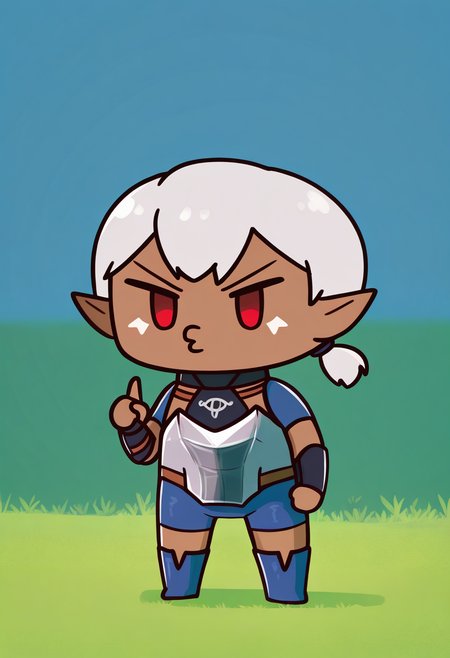 masterpiece, best quality, newest, absurdres, highres, 1girl, standing, phdpigeon, chibi, looking at viewer, full body, standing, index finger raised, v-shaped eyebrows, frown, o3o, <lora:ImpaOOT-illu:1> 1mpa, short hair, short ponytail, grey hair, red eyes, facial mark, pointy ears, dark-skinned female, breastplate, blue bodysuit, collared leotard, shoulder armor, vambraces, bike shorts, blue shorts, knee boots, blue footwear, grass, outdoors
