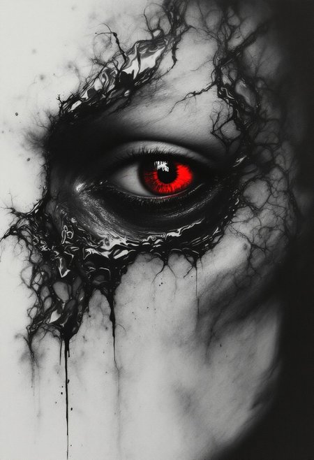close-up of a vampire’s gaunt face half-submerged in liquid shadow, his human eye glistening with grief while the other burns crimson. Translucent dream-visions of a lost lover ripple across his skin like projected film. Style: Hyperrealistic portraiture fused with smoky charcoal sketches, echoing Francis Bacon’s distorted emotion.