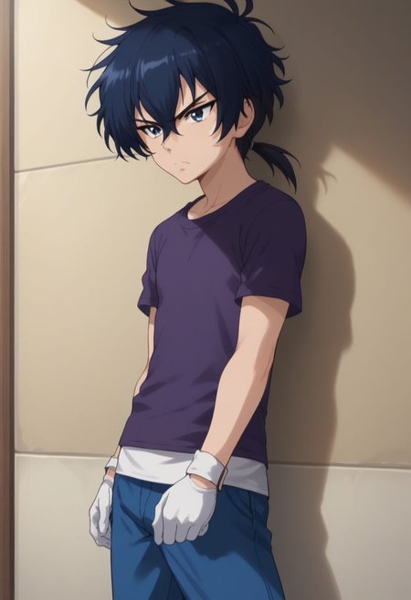 score_9, score_8_up, score_7_up, source_anime, highly detailed, 
samuru, 1boy, male focus, solo, gloves, blue hair, blue eyes, pants, black hair, hair between hair, ponytail, low ponytail, purple t-shirt, upper body,
indoor, frown,