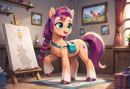 score_9, score_8_up, score_7_up, score_6_up, score_5_up, score_4_up, sunny starscout,
 earth pony, pegasus pony, g5, inside, rich colors, artist workshop, presents a painting of rabbits, aroused, front view, detailed background, pony, solo, detailed, 8k quality, side view, beautiful, teasing, easel and brushes, leaned to the floor, close up,