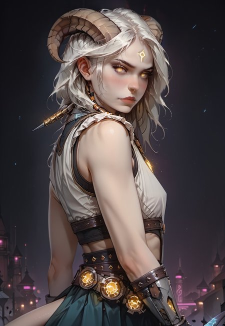 <lora:OZRN:0.9>, score_9, score_8_up, score_7_up, OZRN, digital art, side-view, 1girl, solo, small tits, culDraenei, yellow eyes, no sclera, no pupils, athletic, tall, slim, pale skin, grey skin, long tail, long ears, long hair, armor, breastplate, bracers, pauldrons, skirt, belt, navel, bare stomach, nose-ring, standing, [nose blush:0.8], pale skin, looking at viewer, dark background, (neon lights), (soft glow),<lora:ff:0.2>, gothic anime style,<lora:GothicAnimev1:0.4>
