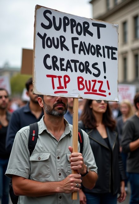 a sad man at a protest holding a sign that says “SUPPORT YOUR FAVORITE CREATORS! TIP BUZZ!”