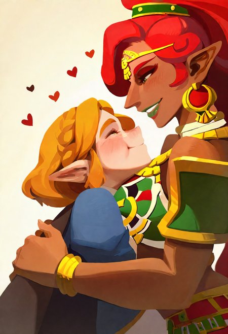 masterpiece, best quality, very aesthetic, 2girls,yuri,happy,princess zelda,short hair,urbosa,dark-skinned female,hugging,hearts,cheek press,looking at another <lora:susho_n11:1>