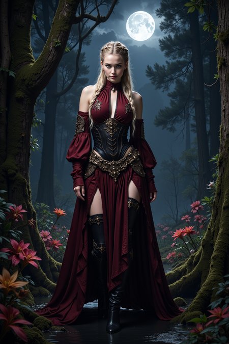 Enchanted Sorceress Candid Photo, a candid photo of a 19-year-old woman, long light blonde hair styled in a braided updo adorned with small jeweled clips, beautiful eyes, intense and confident gaze, beautiful, wearing a luxurious deep maroon high-collared gown with filigree embellishments and a revealing cleavage cutout, paired with an armored black leather leotard and ornate thigh-high leather boots, long detached puffed sleeves adding elegance, one hand on her hip as she walks forward, set against a swampy dense forest at night with a dark sky, lush towering trees, and a forest floor covered in vividly colored flowers and thick moss, with a glowing moon, moonlight casting soft shadows across her flawless skin, highlighting her regal silhouette and intricate magical attire.
Beautiful eyes, fit, stunning beauty, charming, front view, cute face, looking at viewer.
Photoreal, shot on Canon EOS 5D, snapshot, natural lighting, white light.