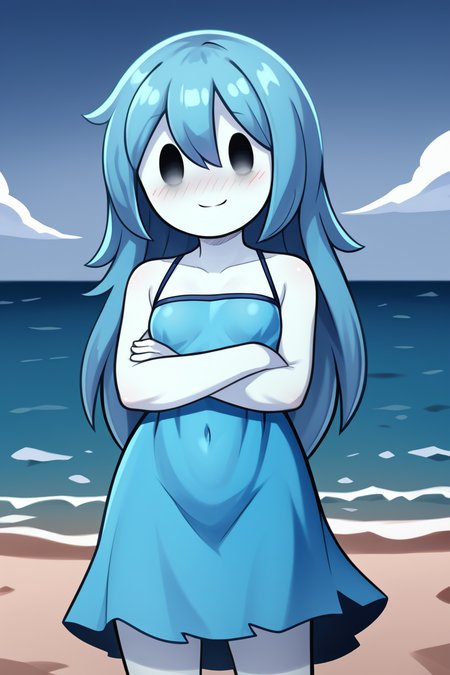 score_9, score_8_up, nsfw, score_7_up, <lora:Spooky:0.9>  spooky (sjm), ghost girl, solid oval eyes, smile, transparent, colored skin, long blue hair, small breasts, blue dress, solo, Standing, standing, pride, crossed arms, smile, blushing, beach, sand, ocean, water,