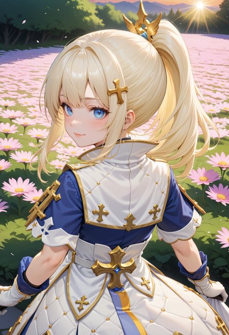 masterpiece, best quality, very aesthetic, absurdres, rom_saint_xl,
1girl, blonde hair, ponytail, hair ornament, blue eyes, light smile,
medium shot, from behind, looking back, looking at viewer, blue short sleeves with gold cross, outdoors, flower field, sunrise, falling petals, light rays, tyndall effect, vivid colors, tranquil and magical atmosphere,
shiny skin, beautiful face, beautiful eyes, extreme detailed, official art, professional illustration, hires,
<lora:rom_saint_pony_xl:1>, <lora:aesthetic_anime_v1s:0.5>, <lora:add_details_xl:0.5>