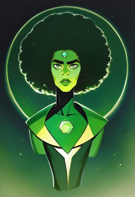 score_9, score_8_up, score_7_up, score_6_up, st3v3n, source_cartoon, solo, ((full body)), a green male human with a single green gem embedded in their arm, wearing a green toga, wide nose, full lips, afro, (arm gem), green body, green skin, green eyes, green toga, green arm gem, green humanoid, green theme, flat chest, shiny, dynamic reflection, dark background, digital artwork, highly detailed, ultra detailed, sharp focus, Expressive, traditional media, vibrant colors, digital art, masterpiece, 4k uhd, dramatic lighting