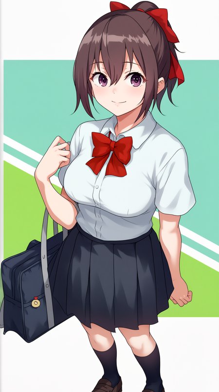 score_9, score_8_up, score_7_up,anime_source, source_anime, best background, detailed background, anime screencap  Natsumi Nakamura, looking at viewer, smile, shirt, skirt, bow, closed mouth, standing, school uniform, white shirt, full body, short sleeves, pleated skirt, shoes, collared shirt, socks, bowtie, black skirt, bag, red bow, kneehighs, brown footwear, black socks, red bowtie, loafers, school bag, solo,  <lora:JN_Natsumi_Nakamura_Pony:0.8>