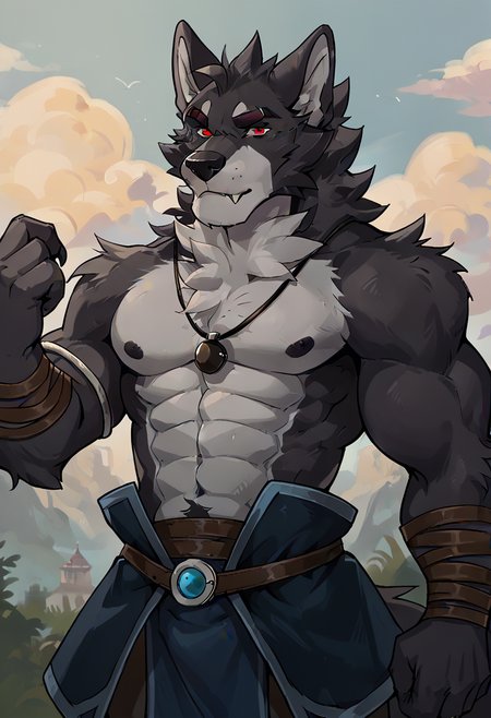 score_9, score_8_up, score_7_up, source_furry, furry, anthro, detailed background, <lora:add-detail-xl:1.0>, <lora:Vulgor:0.8>, furry, 1boy, solo, male, tail, anthro, animal ears, claws, fluffy, vulgor, black necklace, close up, seductive, looking at viewer, muscular, wolf, black body, two-tone body, red eyes, seath,