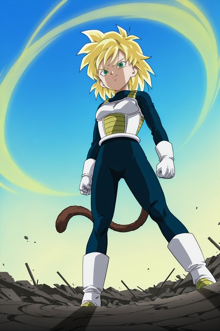 anime screencap, absurdres, high quality, official style, 
gine, super saiyan, official style, vegeta outfit, 1girl, solo, looking at viewer, crater, rubble, closed mouth, standing, long sleeves, full body, blonde hair, spiked hair, green eyes, monkey tail, blue bodysuit, saiyan armor, white saiyan armor, cowboy shot, dappled sunlight, smug, smirk, legs apart, arms by side, serious, frown, shadow, v-shaped eyebrows, white trim, clenched hands, white gloves, light rays, blue sky, from below, looking at another, dutch angle, ((golden aura)), 
 <lora:Gine_IL:0.8>