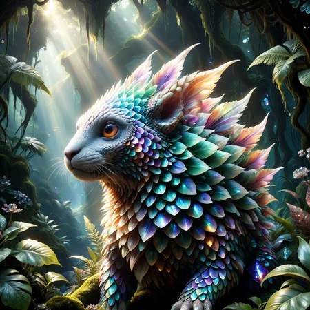 famous artwork inspired by (guweiz:1.2) and (ciruelo cabral:1.1) and (hayao miyazaki:1.1), (fractal art:1.1), movie poster style, this wondrous creature, the "chromatic doomphlorn" covered in iridescent crystalline scales, hides in the dense squizzlewarding crystal jungles of the distant alien world "blunderward i", nearly invulnerable through its scales it ambushes prey with (razor-sharp crystalline claws:1.3), detailed eyes, crepuscular rays, masterwork, best quality, very detailed, intricate details, 
<lora:style-iridescent_scales-xl-by_pinkielicious:0.52> 
<lora:add-detail-xl:2.4> 
<lora:more_artful-xl:0.8> 
<lora:lyco-style-envydramaticlightingxl01_digital_art-xl:0.68>