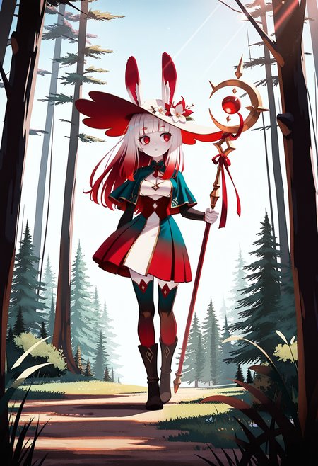 1girl, rabbit ears, ((white hair), red hair, gradient hair), long hair, blunt bangs, red eyes, detailed eyes, (pale skin),
solo, color dress, cleavage cutout, hat flower, color capelet, clothing cutout, color headwear,color ribbon, color skirt, boots, holding staff, forest, sky, full body, thighhighs,
kunitarouartstyle,   <lora:kunitarouartIL-style:1>