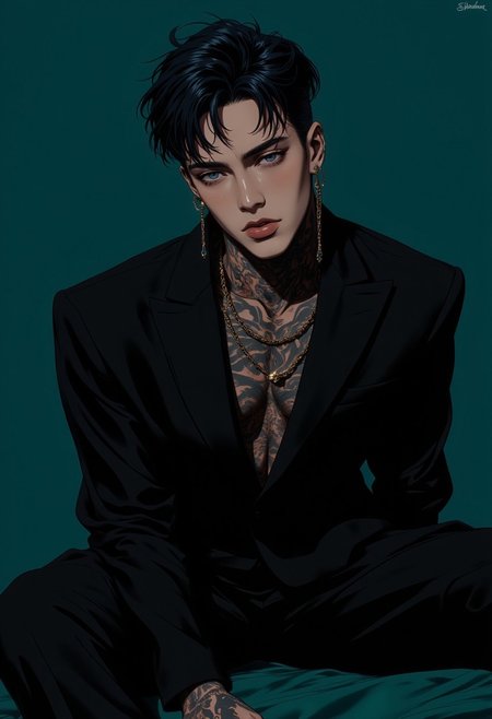 A dangerously alluring young man, exuding a magnetic charm that is impossible to ignore. He sits with a relaxed confidence, dressed in a perfectly tailored black suit that clings to his athletic frame, showcasing his sculpted physique. His skin is a canvas of intricate tattoos that wind down his neck and arms, adding an edge of rebellion to his polished appearance. His dark, tousled hair falls just enough to partially obscure his intense, smoldering gaze, with eyes that seem to see straight through you. His lips, slightly parted, hint at a playful smirk, drawing attention to his sharp features. The multiple piercings in his ears and the subtle gleam of a lip ring add to his bad-boy allure, while the deep teal background sets off his pale skin and dark attire, creating a striking contrast. He embodies the perfect blend of danger and seduction, a man who is both a mystery and a temptation. manwha, ne0nfant4sy
<lora:fluxenhancer:0.6> <lora:NeonFantasyFLUX:0.5> <lora:Sinfully_Stylish_.02_for_FLUX:0.5> <lora:manwha_style:0.6><lora:dark_fantasy_flux:0.5>