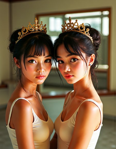 Cyberpunk-style scene: Inspired by the fantasy realism and Beeple style of Makoto Shinkai, this anime girl portrait combines the best of Square Enix's gaming world with the nostalgic charm of Norman Rockwell.
Vintage photograph, two young ballerinas, white leotards, tiaras, ballet studio, muted tones, sepia filter, nostalgic atmosphere, innocence, friendship, dance practice, mirror reflection, soft lighting, 35mm film grain, shallow depth of field, emotional portrait, coming-of-age story, 1990s aesthetic, framed picture, wall art, anime, realism, Beauty