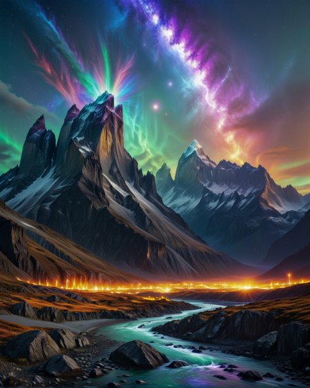 dark fantasy Chilean Torres del Paine where granite spires hold up Southern Cross,Pre-dawn: Diamond dust clouds refracting first light into prismatic halos,
random army  in landcscape,
<lora:ral-dark-fantasy-il:0.8>,eldritch horror,
<lora:extremely_detailed:4> extremely detailed,
<lora:add-detail-xl:1.1>,
detailxl