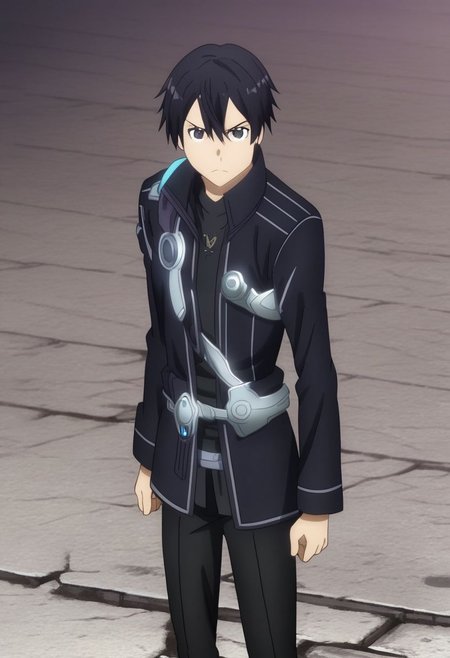 high resolution, professional photography, solo, best quality, 1Boy, Kazuto Kirigaya, Black Hair, Black Eyes, dystopia, black jacket, black shirt, serious looking, black pants, armor, dark fantasy, OverallDetail