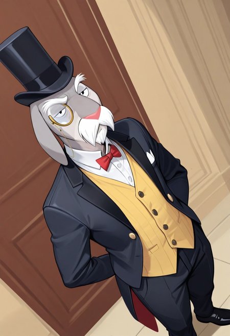 masterpiece, best quality, amazing quality, very aesthetic, absurdres, newest,  high quality, detailed, male, solo male, MrHerriman, 1boy, mature male, male, chubby, anthro, rabbit, grey fur, floppy ears, black eyes, mustache, bushy eyebrows, facial hair, tuxedo jacket, yellow vest, bow tie, top hat, monocle, formal, looking at viewer, half lidded eyes, stern expression, indoors, office, half body, volumetric lighting, standing, high angle, dynamic angle, black pants