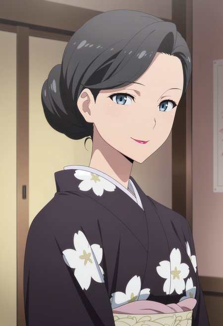 1girl,solo,mm,mature female,hair bun,black hair,blue eyes,lipstick,anime coloring, 
kimono,looking at viewer, indoors,smile,upper body, 
,masterpiece,best quality,amazing quality,<lora:Mother_Yukinoshita-Yahari_Ore_no_Seishun_Love_Comedy_wa_Machigatteiru:0.8>