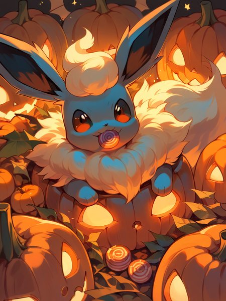 score_9, score_8_up, score_7_up, score_6_up, score_5_up,   <lora:halloweenpokemonXLP:1> halloween pokemon, no humans, jack-o'-lantern, (flareon:1), candy,