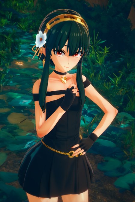 score_9, score_8_up, score_8, medium breasts, (curvy), cute, eyelashes,       BREAK, , BREAK, YorForger, 1girl, black hair, red eyes, short hair with long locks, gold hairband, hair flower, black choker, black dress, sleeveless, off shoulder, floral print, fingerless gloves, <lora:YorForgerXLpony004:0.8>,, <lora:Koikatsu_PDXL:1.0>, , BREAK,  smile, looking at viewer, cowboy shot,  embedding:zPDXL, Expressiveh, <lora:SDXLFaeTastic2400:0.5>,  <lora:Expressive_H-000001:0.4>,