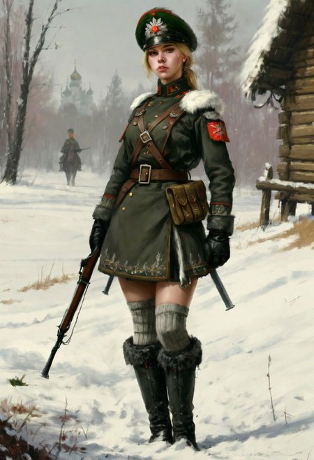 beautiful slim large-breast young heavy-armor female Russian soldier, skirt, long socks, boots, digital painting in jrst artstyle