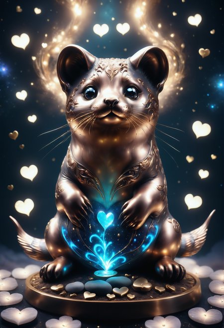 a cute zhibi domestic animal <lora:zhibi:0.8> made out of Jed-ANC <lora:ArtNouveauCopperStyle:0.9>, cuteness overload, surrounded by stardust and floating hearts <lora:heartmiststyle:0.5> in a starLS fantasy landscape <lora:stardustlandscapes-000006:0.7>, grand anime, stylized, (seal:1.3) , appealing, wide view, modern disney, magic realism, horror, specular lighting, 50mm, arthouse, creepy, colorful, lush, theatrical, perfect composition