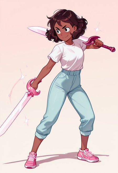 masterpiece, best quality, very aesthetic, absurdres, 1 girl, solo, Connie_Maheswaran, dark-skinned, short hair, wavy hair,  brown hair, black eyes, jean-short, white t-shirt, pink sneakers, smile, Single-edged sword, action pose,
 <lora:Smooth_Booster_v2:0.3>, <lora:Connie_Maheswaran_SU__Illustrious:1>,  <lora:HerrscherAGGA2025_COLIG_ST-IL_V2:1>