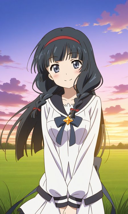 general,highres, ultra-detailed,very aesthetic,best quality ,best hands,  BREAK <lora:Itsuki_Houkago_no_Pleiades_IS:1> BREAK,
Itsuki(Pleiades), 1girl,solo, black hair, long hair, blue eyes, red hairband, twin braids, blunt bangs,breasts, anime coloring, BREAK,
 solo,  school uniform, blush, smile, cloud, sky, serafuku, upper body, long sleeves, cloudy sky, closed mouth, shirt, ribbon, v arms, blush,
grass, sky, smile,looking at viewer, cowboy_Shot,