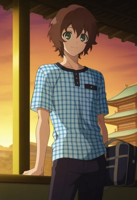 masterpiece, best quality, anime screencap, official style, anime coloring, cowboy shot, 1boy, solo, male focus, <lora:yoichi_saotome_ilxl:0.94>, yoichi_saotome, brown hair, green eyes, short hair, , cowboy shot, east asian architecture, dusk, leaning on object, light smile, Utility joggers, Gingham RustRed Eyelet Baseball shirt, , , School Bag