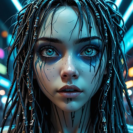 manga style, close-up of a girl's hyper-detailed face, forced angle, cyberpunk style, (Mindful Machine Art style, Tim Burton, corpse bride), bright colors, brightness, reflections, very high contrast, side lighting, light dark, hair black long dreadlocks, piercing, blue tones, gloomy atmosphere, shadows on the face, background with neon structures, hyper-realistic, 3D rendering, 4K