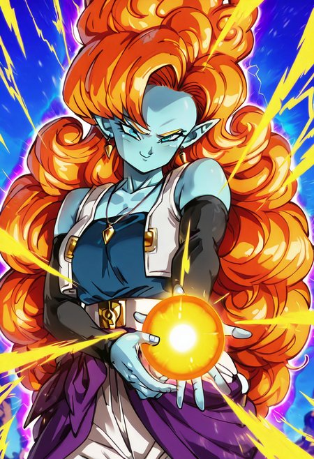masterpiece, best quality, solo, curvy, beautiful eyes,  narrow waist, wide hips, zZangya, blue eyes, blue skin, pointy ears, orange hair, curly hair, long hair, big hair,  jewelry, necklace, detached sleeves, bare shoulders, vest, gloves, white baggy pants,  ,       <lora:ZangyaDragonballIXL:1.0>, ,vivid aura, looking at viewer, blue background, smug, aura, super saiyan, charging energy, energy ball, energy, lightning, <lora:DBSBroly_Style_IXL_v2:0.6>,