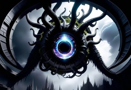 ulblackholetech, (masterpiece), An abandoned city floating in the void of space, constructed from a fusion of organic and metallic structures. Each building appears alive, with pulsating roots that throb like massive veins. In the sky, a warped moon made of eyes and mouths watches the scene eerily. The shadows cast by the light of a dying sun seem to move independently from the figures that create them
 (8k uhd:1,4),, inspired in cosmic horror, (epic composition, epic proportion), intricate, professional work, soft shadow, volumetric lighting, ((dynamic Image))