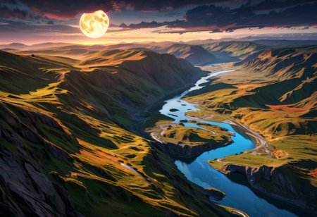 Mountains,forests,full moon, clouds, beautiful sky, river, epic landscape, desolate atmosphere, from above, photorealistic, masterpiece, 64k, UHD, ultra detailed, vivid colors, high quality, sharp focus