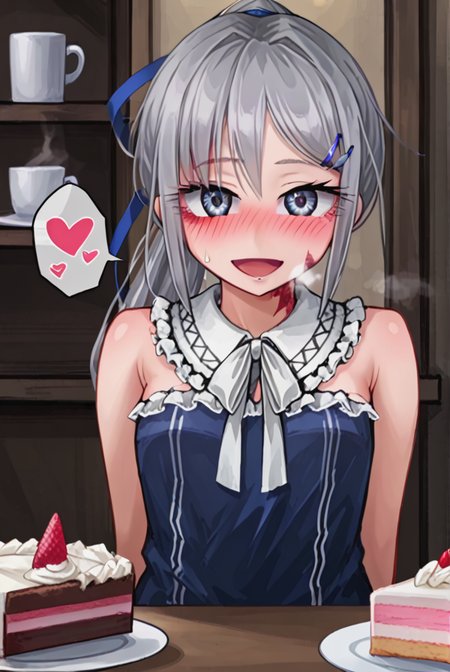 score 9,score 8 up,score 7 up,rating questionable,detailed background,aroused,cinematic lighting,dynamic lighting,uncensored,
,sylvie <lora:sylvie.pony:1>
steaming body,sensual,alluring,sweatdrop,heavy breathing,(spoken heart),silver hair, ponytail,blue ribbon, 
restaurant,table,tablecloth,many dishes,cake,coffee,cup,eating,fork,half-eaten cake,
blue-dress,sleeveless, 
smile,open mouth,blush,(upper body, pov,front view)